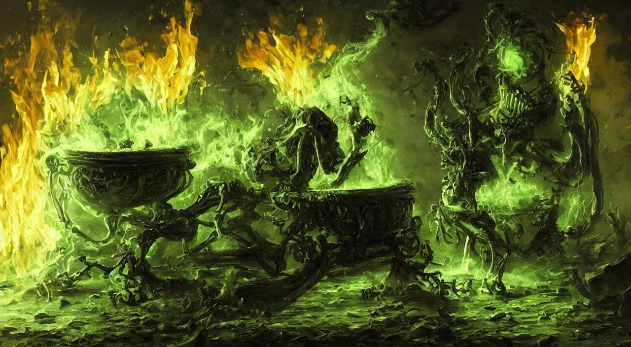 Image similar to A highly detailed oil painting by Greg Rutkowski of a skeleton wearing black robes making a potion in a huge bubbling cauldron glowing bright green, with lots of fire coming from it, highly detailed fantasy concept artwork, very realistic, green and black color scheme, graffiti.