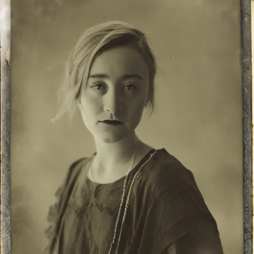 Image similar to Tintype photograph of Saoirse Ronan as a Irish ethnographic subject. 1920s studio lighting.