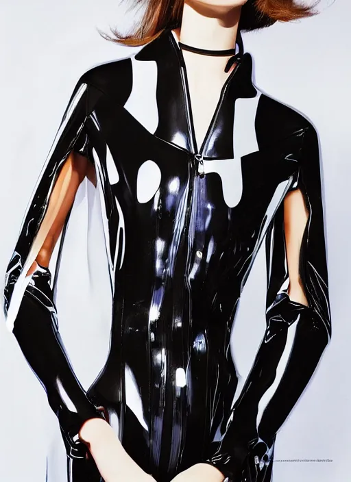 Image similar to a digital portrait of a beautiful model girl detailed features wearing a pilot latex suit wedding dress - chic trend. lots of zippers, pockets, synthetic materials, jumpsuits. by balenciaga and issey miyake by ichiro tanida and mitsuo katsui