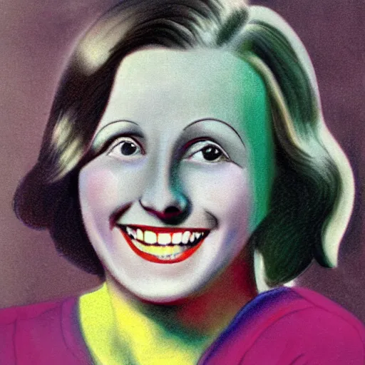 Image similar to a 1 9 2 8 color drawing portrait. happy, healthy, smiling, sporty, glowing, teenage greta garbo in athletic wear with big smile and healthy teeth. colorful, realistic, high quality.