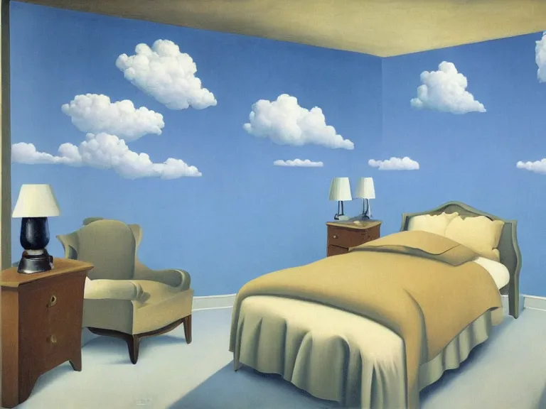 Image similar to room with clouds wallpaper, painting by rene magritte, centered, high detail, high resolution