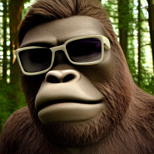 Prompt: Bigfoot wearing sunglasses, found footage, 35mm, forest, unreal engine 5