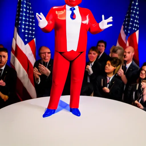 Image similar to Donald Trump wearing red, white, blue latex catsuit while at the podium, photograph, 8k, hd, trending on artstation, 35mm,