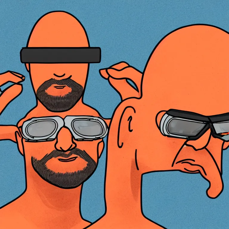 Image similar to illustration of a bald man wearing VR goggle implants, orange beard, masterpiece