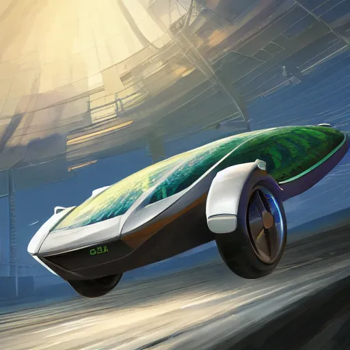 Image similar to solarpunk hovercar, clean energy, green technology, batoidea shape, flying, sunny day, futurism, intricate, engines, glow, highly detailed, peaceful, utopia, bright, digital painting, artstation, concept art, smooth, sharp focus, epic landscape, art by akihiko yoshida and tim mcburnie and anato finnstark