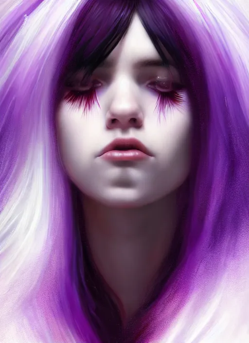 Image similar to hair whitebangs hair, black hair, whitebangs, portrait of teenage girl with white bangs, red irises, purple clothes, white bangs, bangs are different color from hair, intricate, elegant, glowing lights, highly detailed, digital painting, artstation, concept art, smooth, sharp focus, illustration, art by wlop, mars ravelo and greg rutkowski