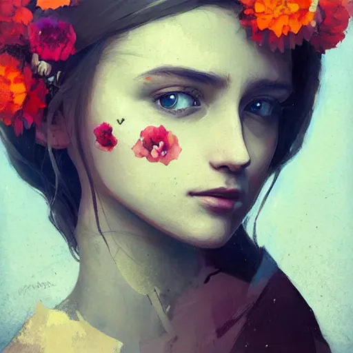 Image similar to Ukrainian girl with a flowers profile picture by Greg Rutkowski, asymmetrical, Organic Painting , Matte Painting, geometric shapes, hard edges, street art, trending on the artstation, realistic:2 by Sachin Teng:4, blur: -4