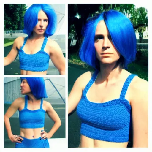 Image similar to A photo of a caucasian female model with blue hair wearing a crocheted croptop