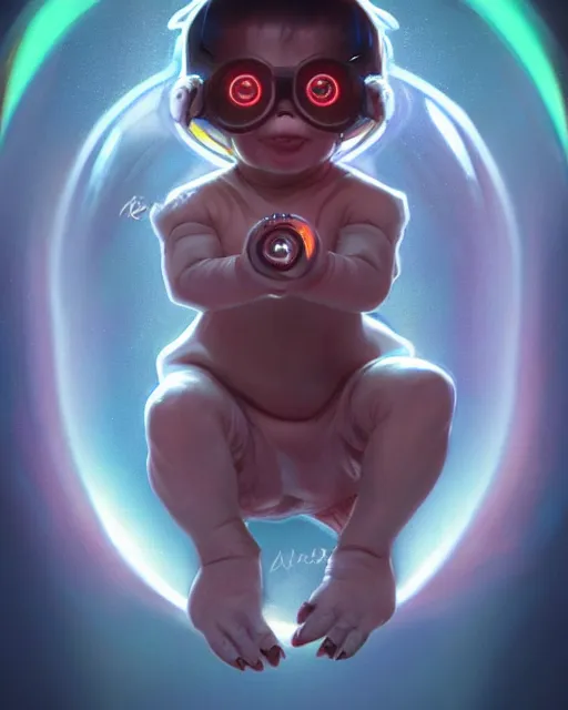 Image similar to three quarters portrait of a cute bioluminiscent baby creature with big glowing eyes, highly detailed, digital painting, cinematic, hyper realism, dark retrowave, art by Stanley Lau and Artgerm and magali villeneuve and Alphonse Mucha, artstation, octane render, cgsociety