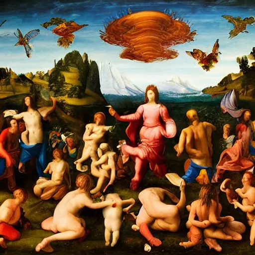 Image similar to Psychedelic Mushroom gathering, renaissance masterpiece