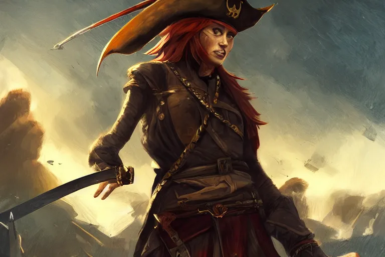 Image similar to a pirate lady wearing long dark clothes holding dual swords with her hands in a ship deck, digital painting, mixed media, trending on artstation and deviantart, epic composition, highly detailed, 8 k