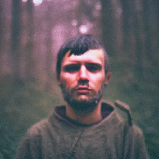 Image similar to close up kodak portra 4 0 0 photograph of a roman legimeer after the battle standing in dark forest, moody lighting, telephoto, 9 0 s vibe, blurry background, vaporwave colors, faded