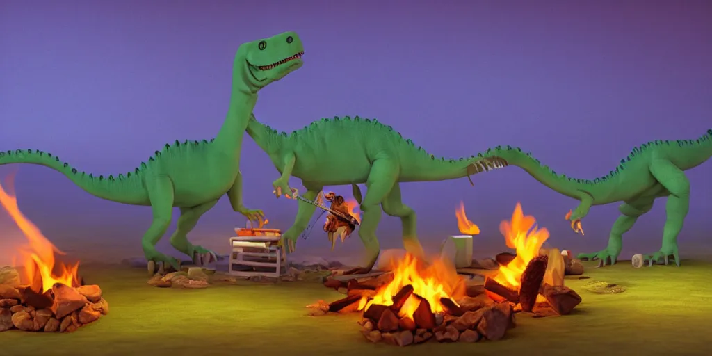 Prompt: A dinosaur playing the guitar beside a campfire, claymation, peaceful, pastel, sharp, Trending on ArtStation, Photorealistic, 8k, Detailed