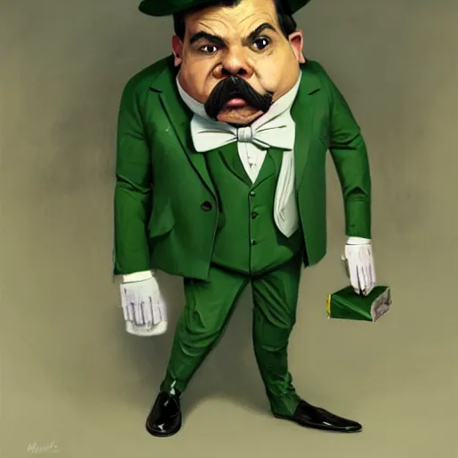 Image similar to hyper realistic portrait, beautifully rendered, luis guzman as dapper fancy luigi wearing a green top hat, green suit and bowtie, smirking deviously, painted by greg rutkowski, wlop, artgerm, dishonored 2