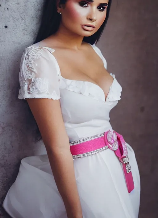 Prompt: portrait of demi rose wearing white kebaya and pink silk belt, by charlotte grimm, natural light, detailed face, beautiful features, symmetrical, canon eos c 3 0 0, ƒ 1. 8, 3 5 mm, 8 k, medium - format print, half body shot