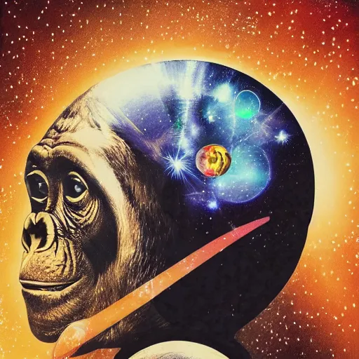 Image similar to double exposure portrait of astronaut and a chimpanzee astronaut with space and time in the the background by davinci, circles, psychedelic, pencil art, high definition, dynamic lighting stars, sharpness, golden ratio