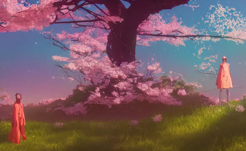 Prompt: queen of cherry blossoms, Low level, rendered by Beeple, Makoto Shinkai, syd meade, simon stålenhag, synthwave style, digital art, unreal engine, WLOP, trending on artstation, 4K UHD image, octane render,