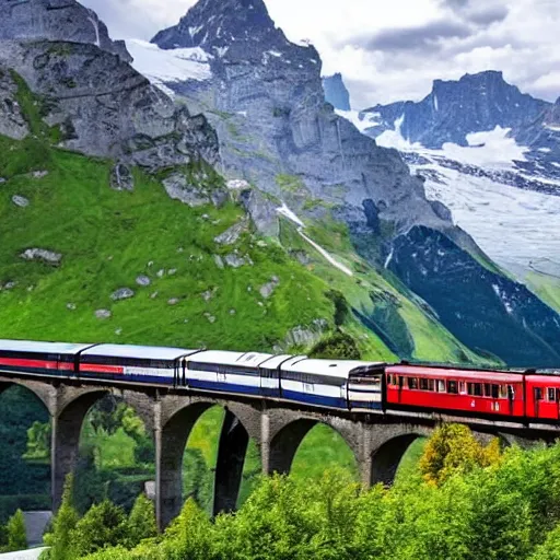 Image similar to a beautiful scenery in switzerland with a lot of trains