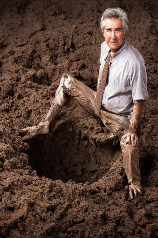 Prompt: cinematic still randy mantooth covered in mud squeezing out of a giant hole made of flesh and hair, 4 k, dramatic lighting