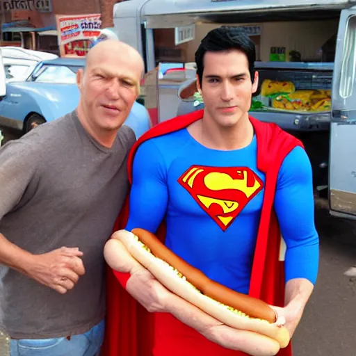 Image similar to superman selling hot dogs stand, poor, old clothes,