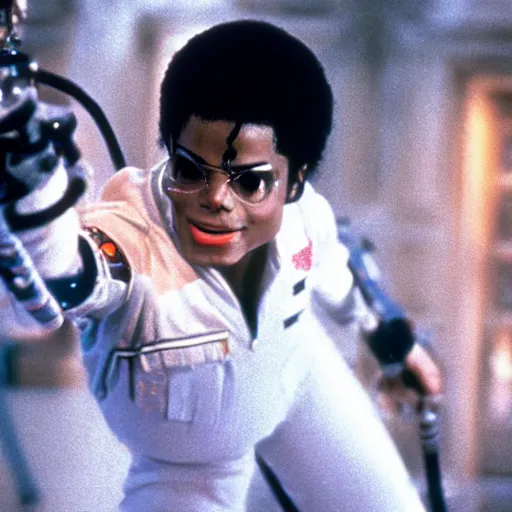 Image similar to stunning awe inspiring michael jackson playing a ghostbuster in the movie ghostbusters, movie still 8 k hdr atmospheric lighting