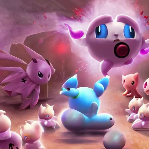 Prompt: jigglypuff fighting back hordes of monsters in he'll using a machine gun, digital art, highly detailed, 4 k