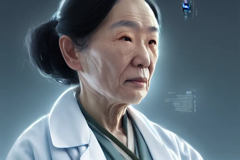 Image similar to a elegant and beautiful female doctor in a white coat, a chinese old man in wheelchair, cinematic, highly detailed, digital painting, artstation, concept art, matte, sharp focus, illustration, art by artgerm and greg rutkowski