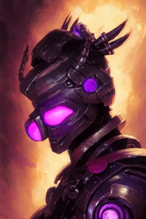 Image similar to extreme close up, facial portrait, woman with a long black ponytail in purple sci - fi armor, kitsune mask, mechanical shoulder pads with glowing runes, striking pose, portrait dnd, painting by gaston bussiere, craig mullins, greg rutkowski, yoji shinkawa