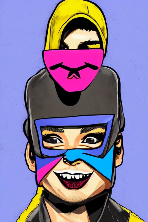 Image similar to masked skateboarder smile on face pop art, pixel, gta vice city art style, face features, body features, ultra realistic art, digital painting, concept art, smooth, sharp focus, illustration, intricate, without duplication, elegant, confident posse, art by mark millar and richard hamilton and mimmo rottela, kirokaze and paul robertson