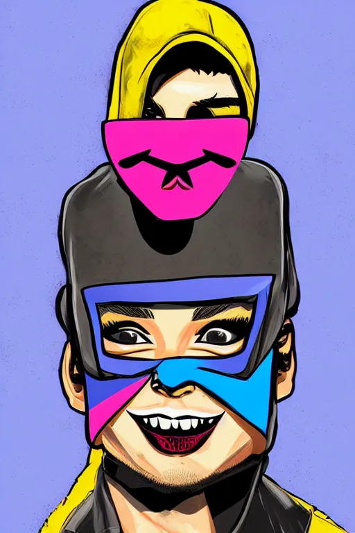 Prompt: masked skateboarder smile on face pop art, pixel, gta vice city art style, face features, body features, ultra realistic art, digital painting, concept art, smooth, sharp focus, illustration, intricate, without duplication, elegant, confident posse, art by mark millar and richard hamilton and mimmo rottela, kirokaze and paul robertson