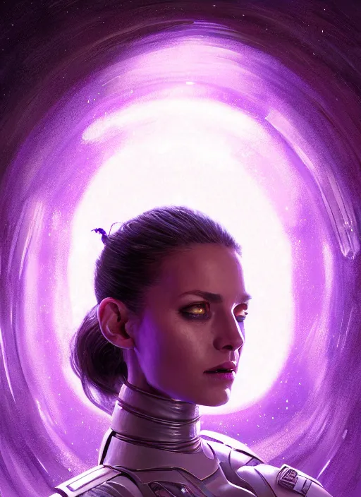 Image similar to top down lighting, extreme close up, stunning portrait of a woman in purple leather future armor with a long black ponytail, white eyes, with space and stars around her, spaceship hallway, intricate, mood lighting, highly detailed, digital painting, artstation, concept art, smooth, sharp focus, illustration, art by wlop, mars ravelo and greg rutkowski