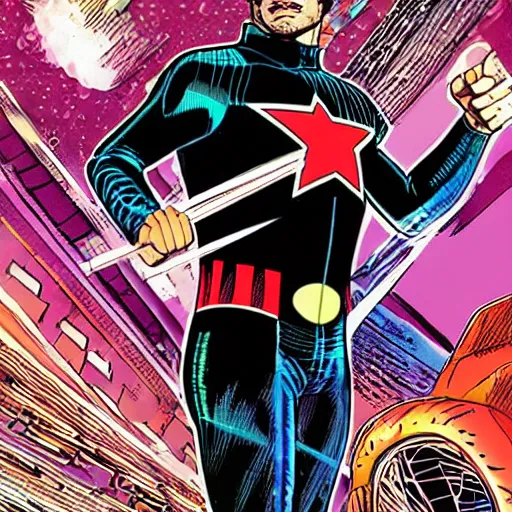 Prompt: dynamic macro full body portrait of sebastian stan super hero in a black sequined jacket by john romita sr and cory walker and ryan ottley and jack kirby and barry windsor - smith, comic, illustration, photo real