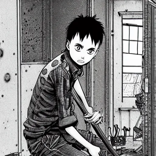 Prompt: close-up scene neighbor holding a drill and drilling holes in a room, all wall is drilled with holes, manga, professional manga artwork, very detailed, black and white manga horror in style of junji ito, kentaro miura, Tsutomu Nihei