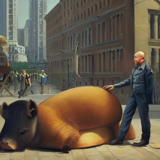 Image similar to an epic painting of lenin petting capybara, oil on canvas, social realism, perfect composition, golden ratio, beautiful detailed, photorealistic, digital painting, concept art, smooth, sharp focus, illustration, artstation trending, octane render, unreal engine