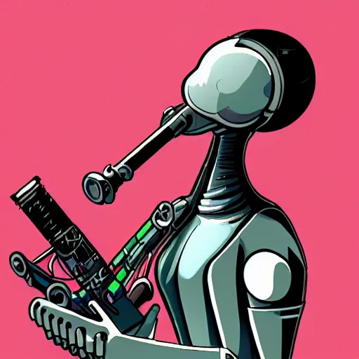 Image similar to cyberpunk robotic squidward playing clarinet, sharp lines, digital, artstation, colored in