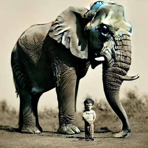 Image similar to a highly detailed photo by annie leibowitz of a small boy standing next to an elephant with an extremely long trunk