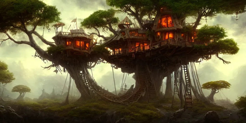 Prompt: A treehouse made out of a derelict pirate ship, the treetops of giant oaks, game art matte painting hyperdetailed, artstation, cgsociety, 8k, surreal dream landscape