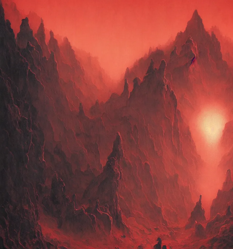 Prompt: magical matte mountains exploding over the forest, chiaroscuro, red fabric, metalic parts, transparent smoke from hell, notan sun in the background, abstract, surreal art, painted by beksinski and android jones