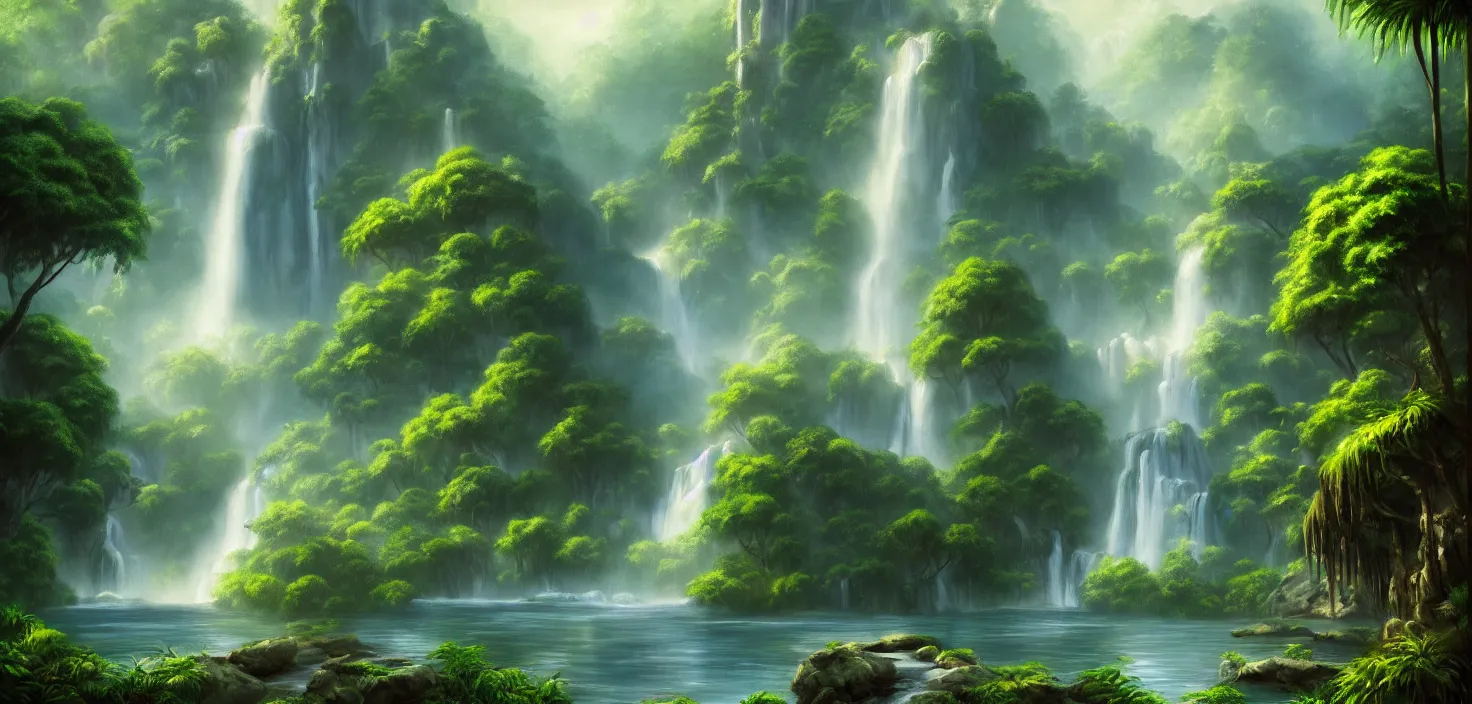 Image similar to waterfall in the jungle, a detailed matte painting by bob ross, deviantart, fantasy art, matte painting, detailed painting, 2 d game art