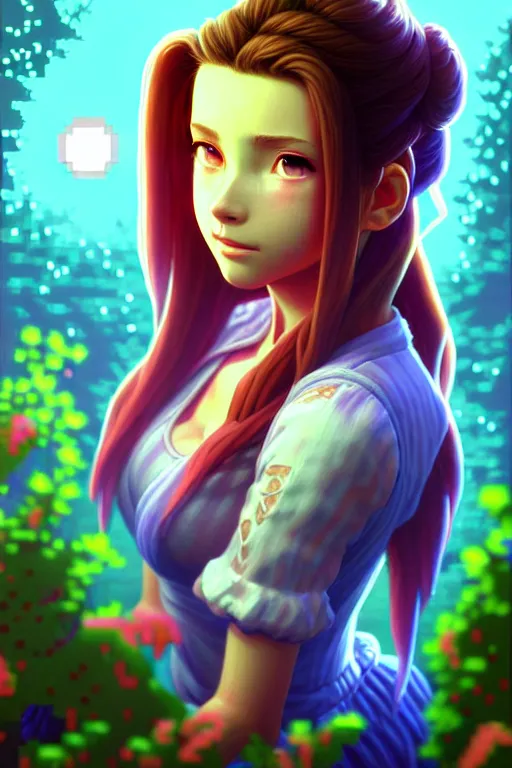 Image similar to subsurface scattering, aerith, beautiful detailed pixelart by albertov, intricate details, beautiful, dithered gradients, volumetric lighting, cgsociety, artstation, smooth, sharp focus, 2 d illustration, amazing art by dan mumford, old school computer game graphics, crpg, d & d, pixel art