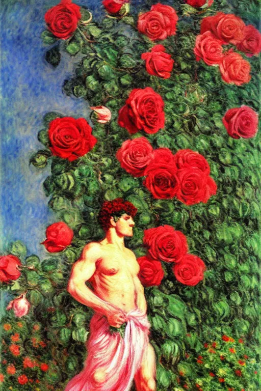 Prompt: the greek god hermes marched forward among the roses, monet, musha, oil painting style, large beautiful pale pink roses and deep red roses