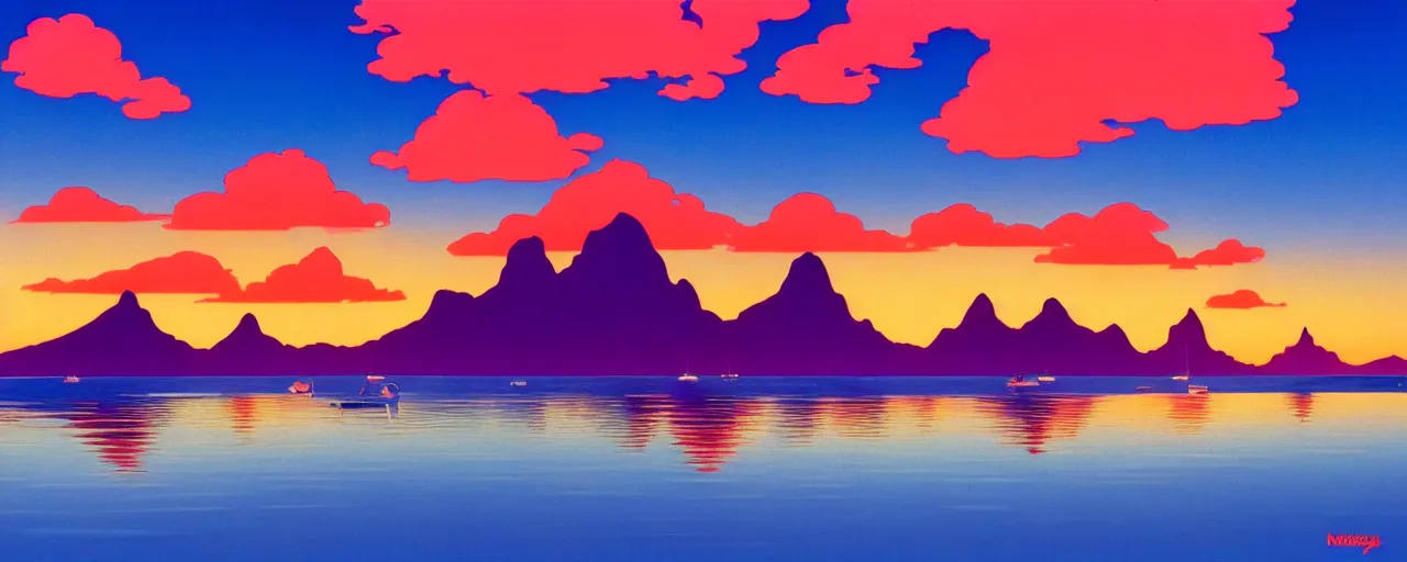 Prompt: serene bora bora landscape, disney, hiroshi nagai