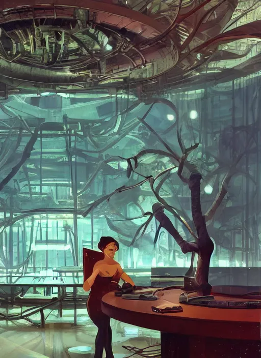 Image similar to gorgeous soviet girl scientist making research at futuristic soviet scientific lab in amazonian jungle tree tops communist agitprop by ross tran, thierry doizon, craig mullins, ilya kuvshinov, artgerm, edward hopper, dan mumford, wlop, rutkovsky, carl spitzweg, moebius, unreal engine 5, lumen, nanite