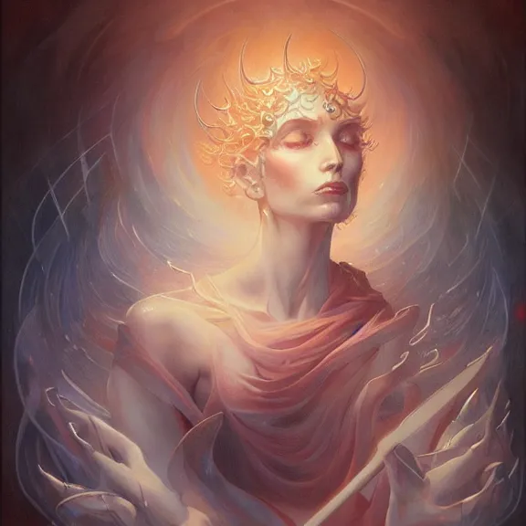 Image similar to a highly detailed beautiful portrait in the style of peter mohrbacher and in the style of jean delville. glowing runes of magical power.