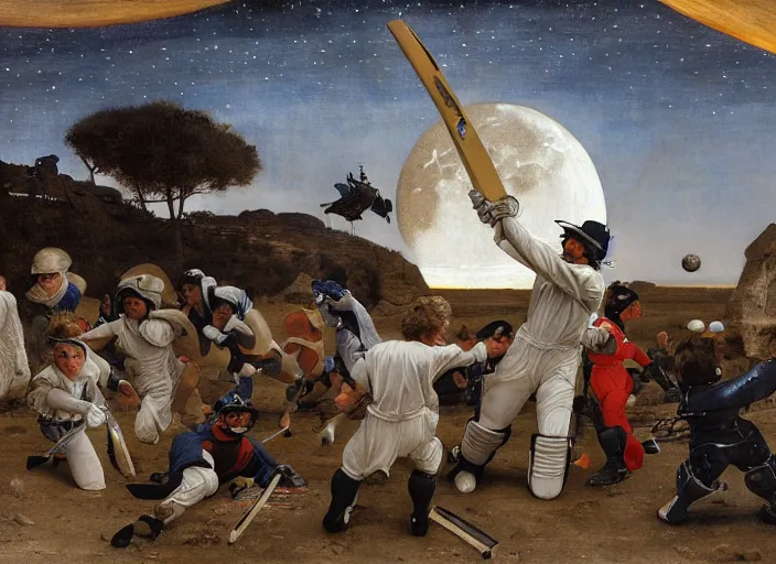 Image similar to a cricket match on the moon by edgar maxence and caravaggio and michael whelan and delacroix style, artistic, intricate painting, cinematic lighting, hyper realistic, extremely detailed, establishing shot, 8 k resolution, dramatic lighting