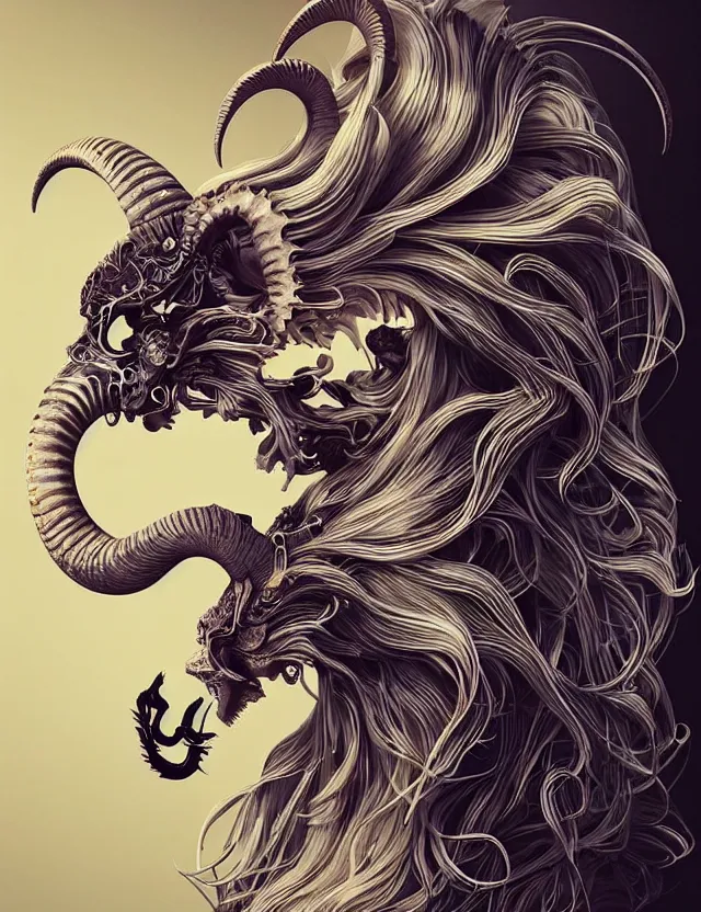 Image similar to 3 d goddess goat skull half - turn portrait with long hair with ram skull. beautiful intricately detailed japanese crow kitsune mask and clasical japanese kimono. betta fish, jellyfish phoenix, bio luminescent, plasma, ice, water, wind, creature, artwork by tooth wu and wlop and beeple and greg rutkowski