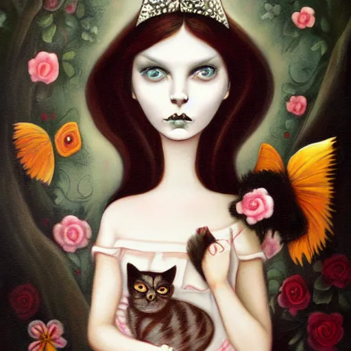 Image similar to a painting of a woman holding a cat, a character portrait by mark ryden, featured on deviantart, gothic art, tarot!!!!! card, deviantart, gothic