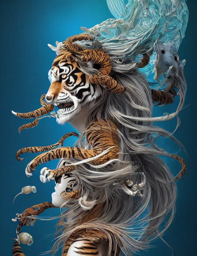 Image similar to 3 d goddess tiger skull half - turn portrait with long hair with ram skull. beautiful intricately detailed japanese crow kitsune mask and clasical japanese kimono. betta fish, jellyfish phoenix, bio luminescent, plasma, ice, water, wind, creature, artwork by tooth wu and wlop and beeple and greg rutkowski