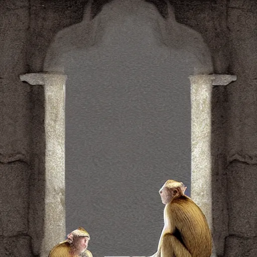 Image similar to two macaques looking at each other inside ancient medieval house, digital art, soft shadows, creepy art, drawn by shadman
