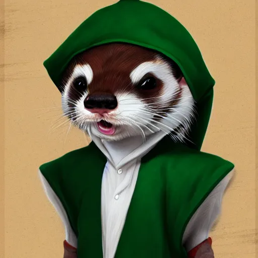 Prompt: a anthropomorphic ferret is dressed as a hogwarts student in slytherin robes, hyperdetailed, artstation, cgsociety, 8 k